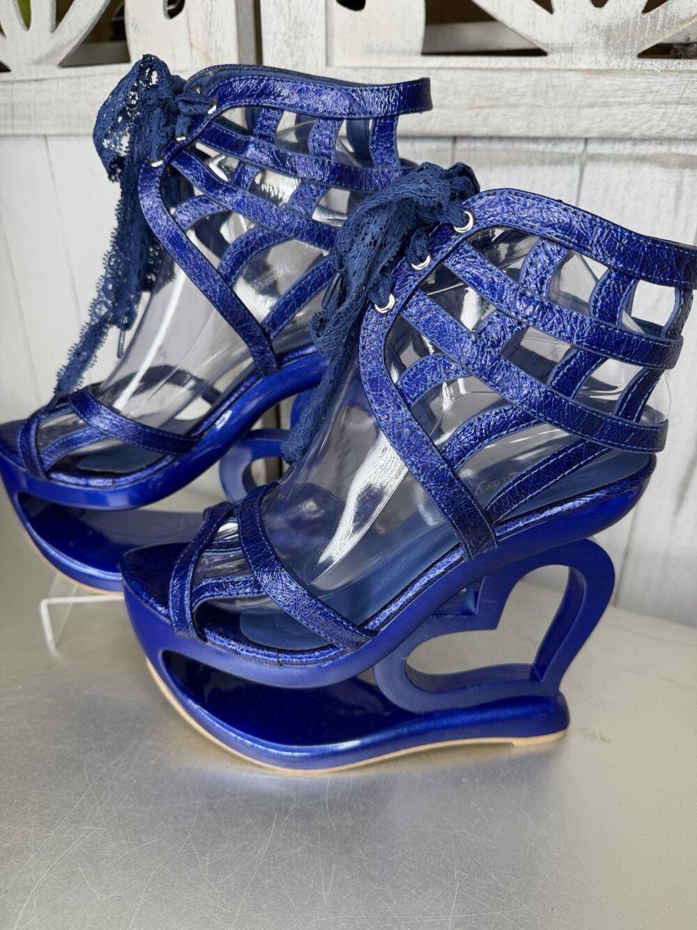 SHOW STORY Blue Heart Spiderweb Strappy Heel Platform Goth Women's 8.5-9 EU 39